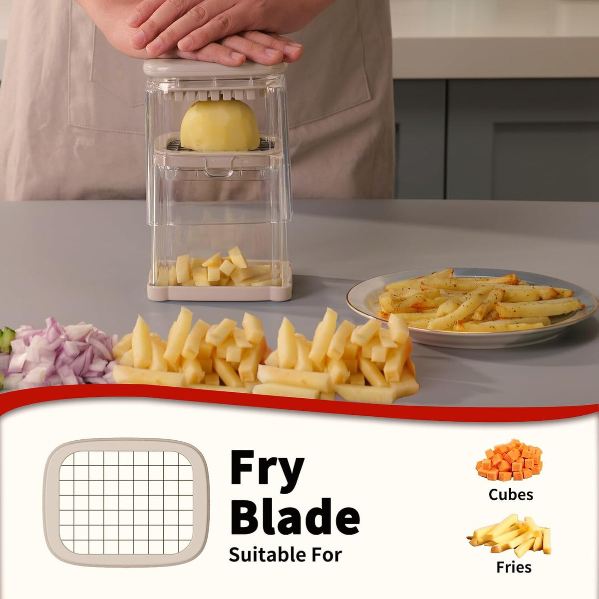 French Fry Cutter, Potato Onion Cutter, Professional Homestyle Vegetable Chopper Dicer, Great for Potatoes Carrots Cucumbers Zucchini Pepper (Fog Gray)
