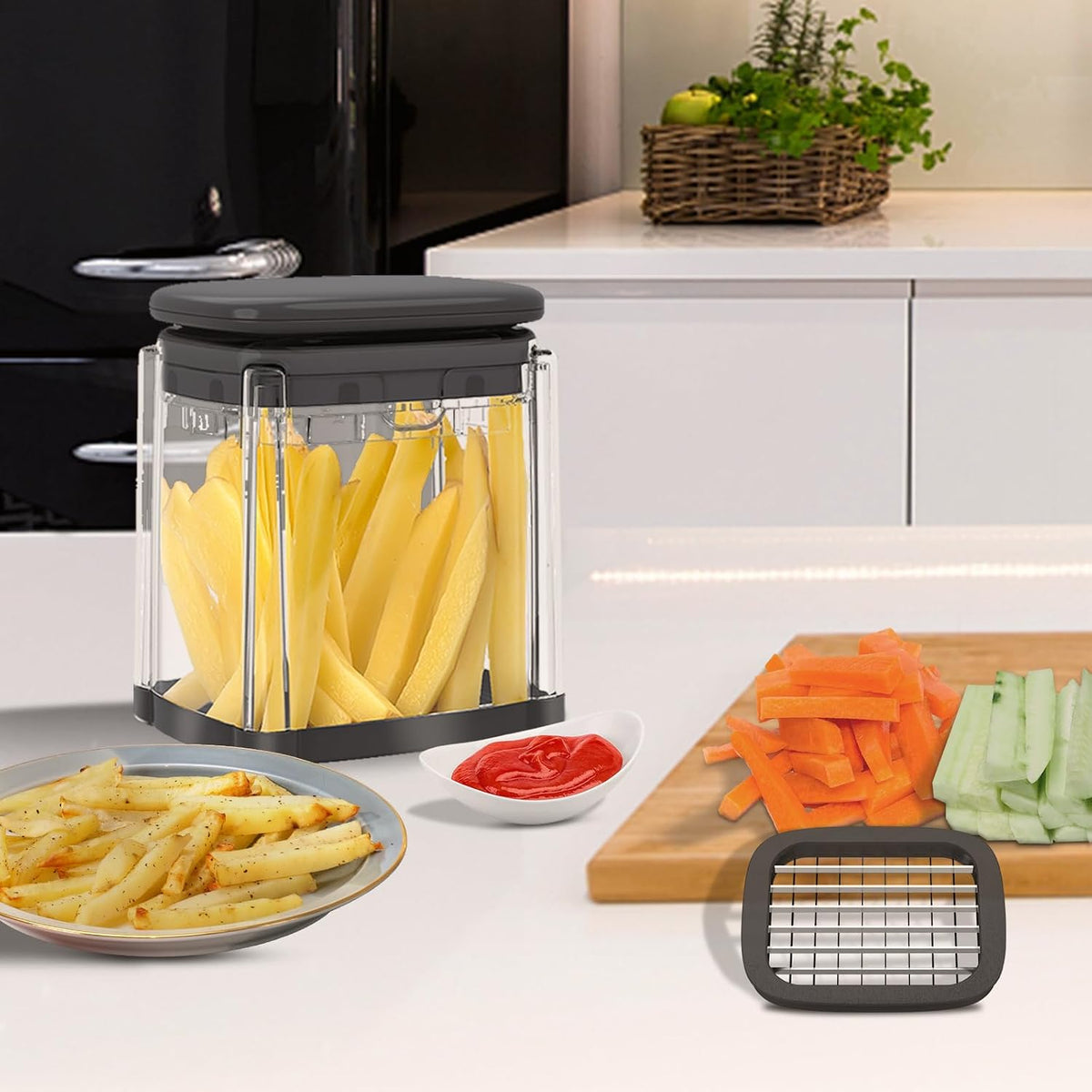 French Fry Cutter, Potato Onion Cutter, Professional Homestyle Vegetable Chopper Dicer, Great for Potatoes Carrots Cucumbers Zucchini Pepper (Fog Gray)