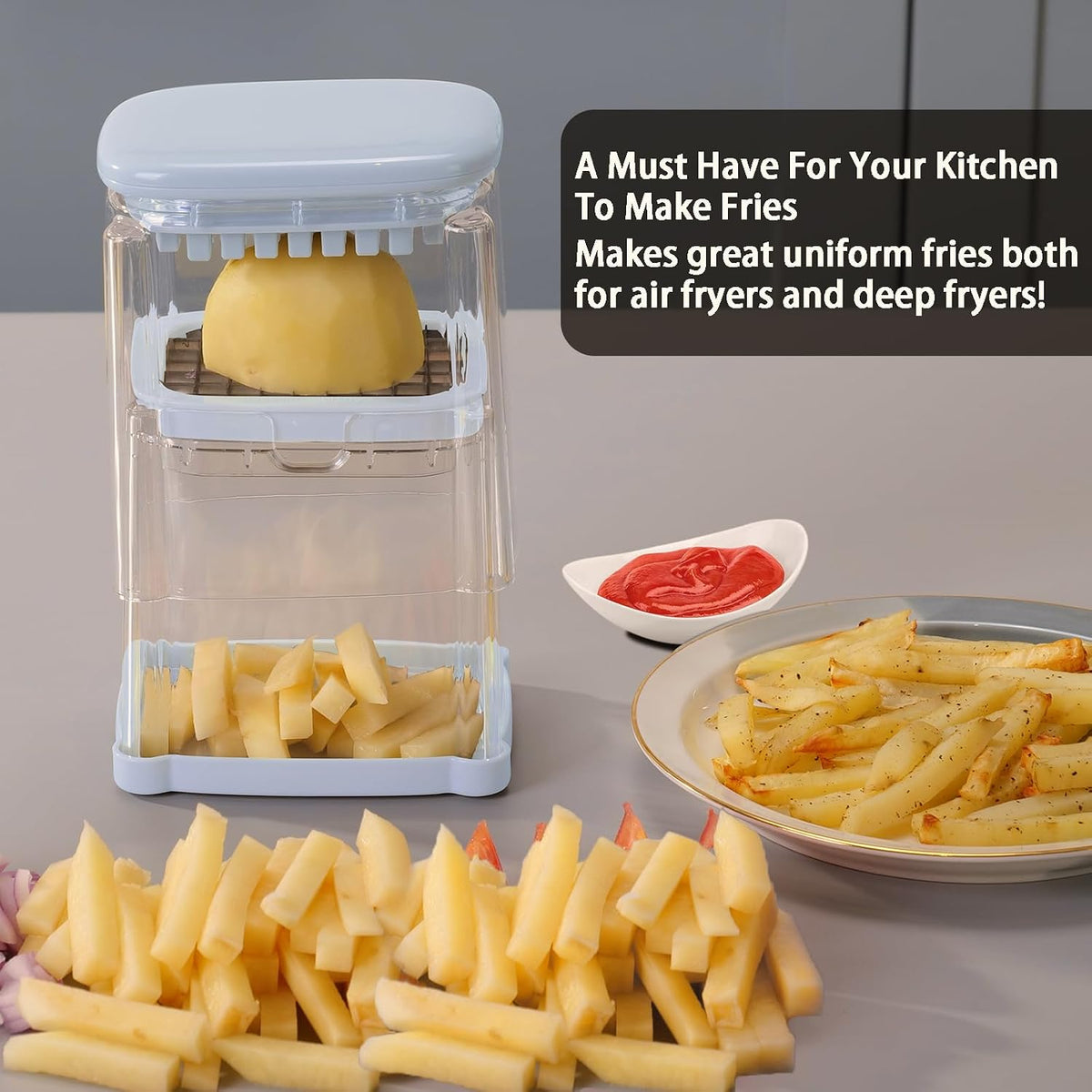 French Fry Cutter, Potato Onion Cutter, Professional Homestyle Vegetable Chopper Dicer, Great for Potatoes Carrots Cucumbers Zucchini Pepper (Fog Gray)