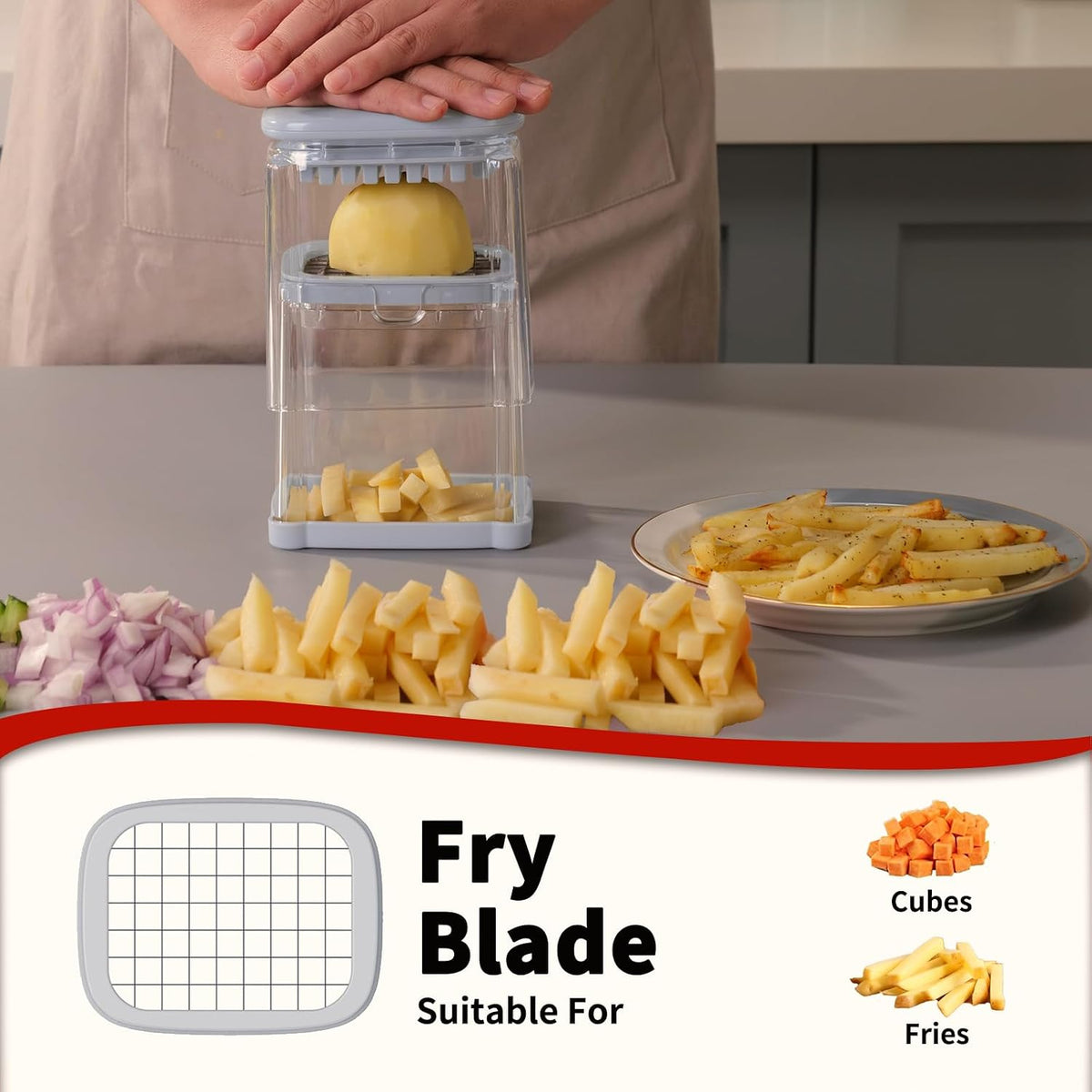 French Fry Cutter, Potato Onion Cutter, Professional Homestyle Vegetable Chopper Dicer, Great for Potatoes Carrots Cucumbers Zucchini Pepper (Fog Gray)