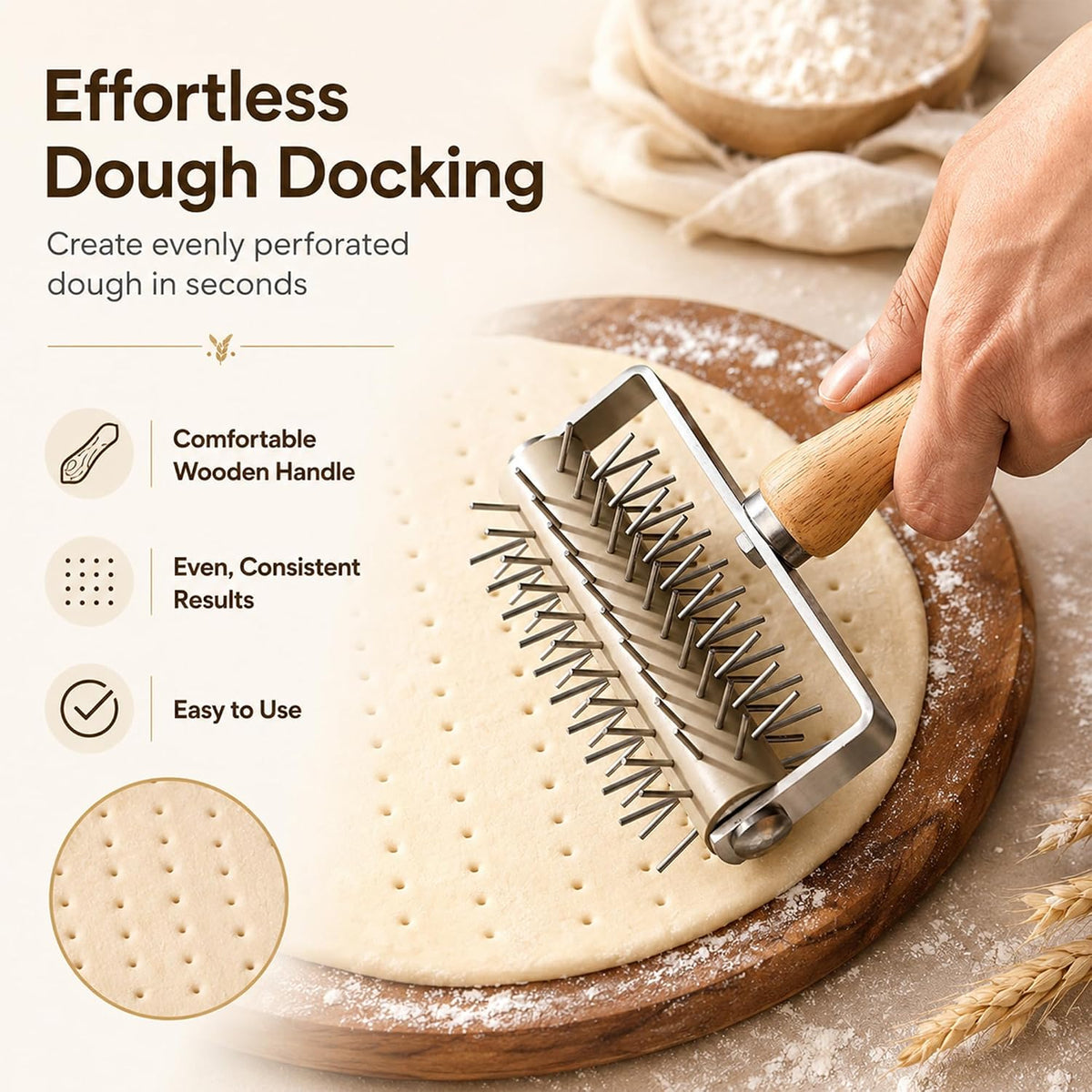 Pizza Dough Docker Roller Stainless Steel, Pin Puncher Dough Hole Maker, Docking Tool for Pizza Pie Cookie Pastry Bread