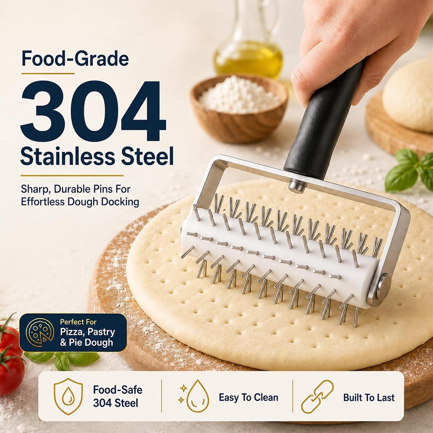 Pizza Dough Docker Roller Stainless Steel, Pin Puncher Dough Hole Maker, Docking Tool for Pizza Pie Cookie Pastry Bread