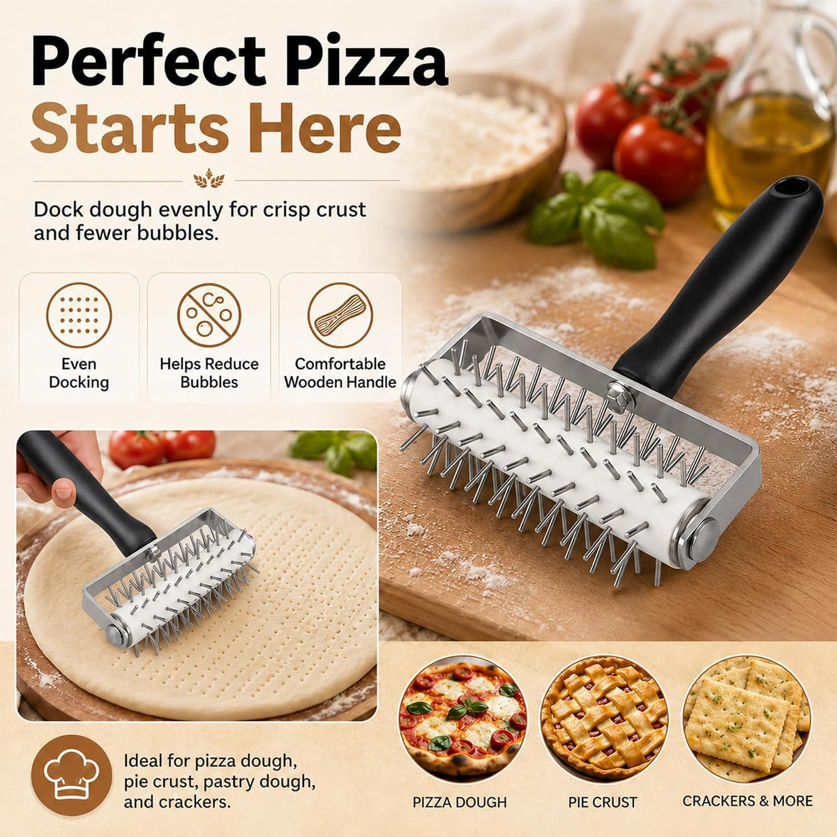 Pizza Dough Docker Roller Stainless Steel, Pin Puncher Dough Hole Maker, Docking Tool for Pizza Pie Cookie Pastry Bread