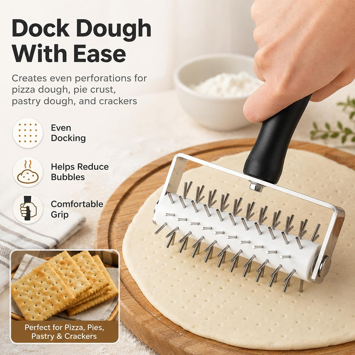 Pizza Dough Docker Roller Stainless Steel, Pin Puncher Dough Hole Maker, Docking Tool for Pizza Pie Cookie Pastry Bread