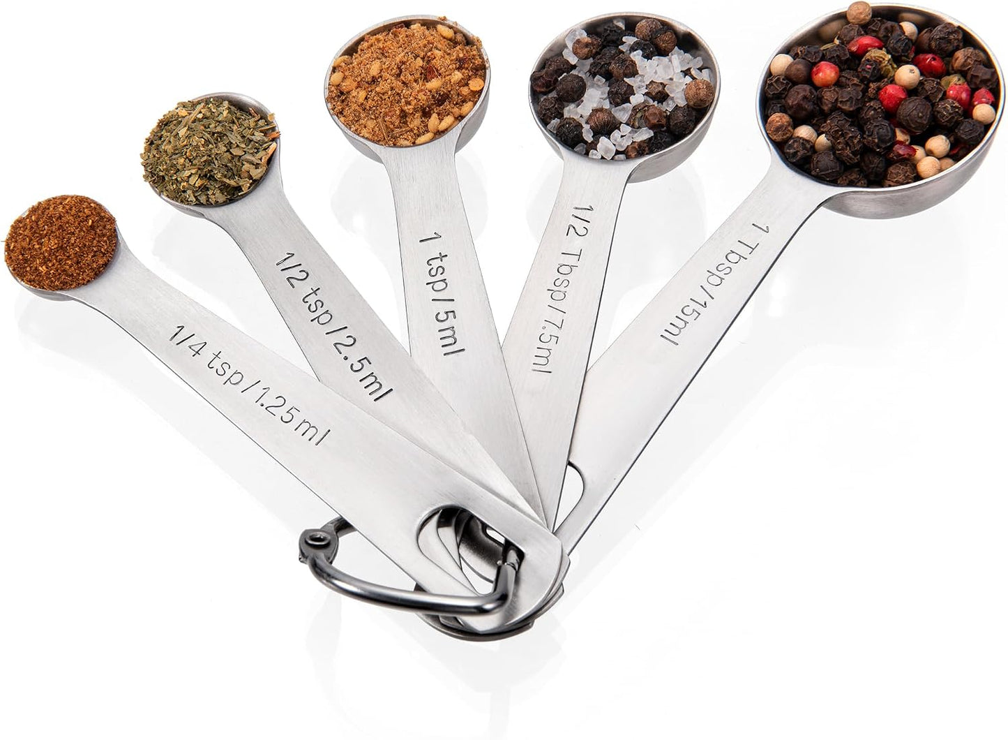 18/8 Stainless Steel Measuring Spoons with Engraved Metric (Set of 5) | Heavy Duty Teaspoons Tablespoons with US Measurements, Metal Measure Spoon for Dry and Liquid Ingredients, Dishwasher Safe