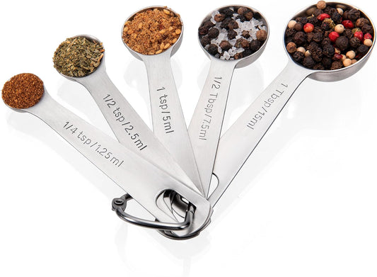 18/8 Stainless Steel Measuring Spoons with Engraved Metric (Set of 5) | Heavy Duty Teaspoons Tablespoons with US Measurements, Metal Measure Spoon for Dry and Liquid Ingredients, Dishwasher Safe