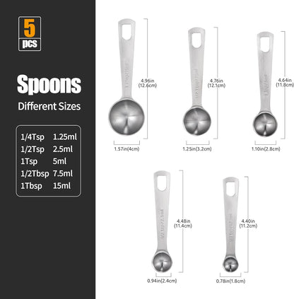 18/8 Stainless Steel Measuring Spoons with Engraved Metric (Set of 5) | Heavy Duty Teaspoons Tablespoons with US Measurements, Metal Measure Spoon for Dry and Liquid Ingredients, Dishwasher Safe