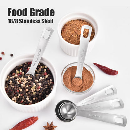 18/8 Stainless Steel Measuring Spoons with Engraved Metric (Set of 5) | Heavy Duty Teaspoons Tablespoons with US Measurements, Metal Measure Spoon for Dry and Liquid Ingredients, Dishwasher Safe