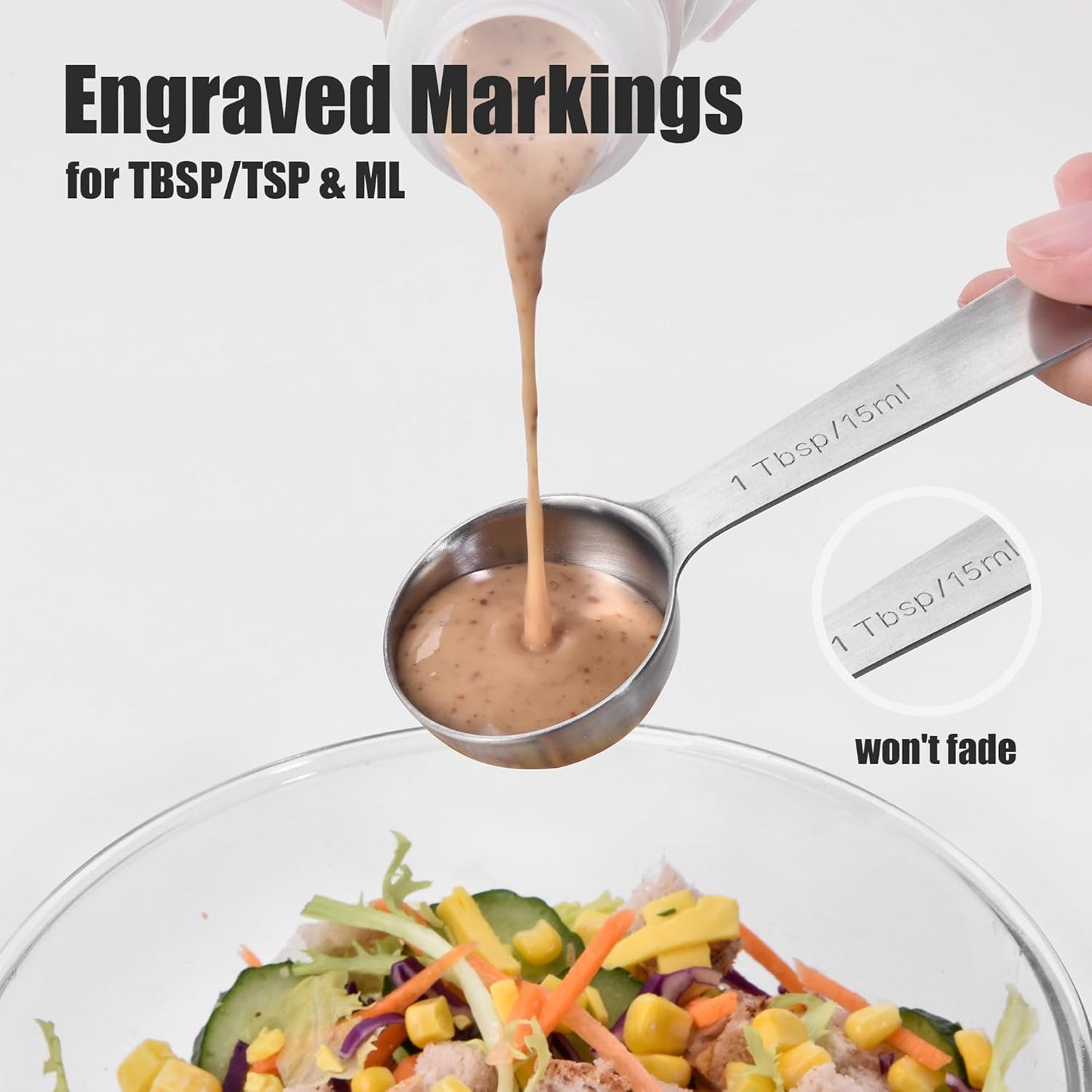 18/8 Stainless Steel Measuring Spoons with Engraved Metric (Set of 5) | Heavy Duty Teaspoons Tablespoons with US Measurements, Metal Measure Spoon for Dry and Liquid Ingredients, Dishwasher Safe