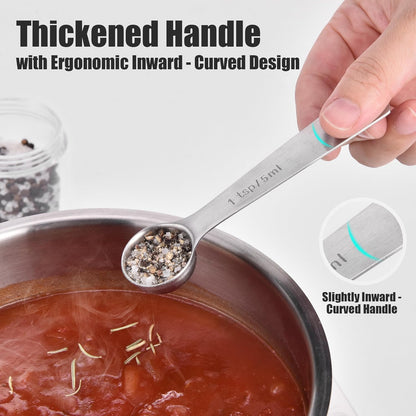18/8 Stainless Steel Measuring Spoons with Engraved Metric (Set of 5) | Heavy Duty Teaspoons Tablespoons with US Measurements, Metal Measure Spoon for Dry and Liquid Ingredients, Dishwasher Safe