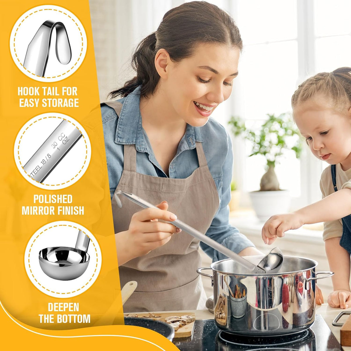 Stainless Steel Ladle Soup Handle Ladle with Pouring Rim for Kitchen Cooking Soup Sauce