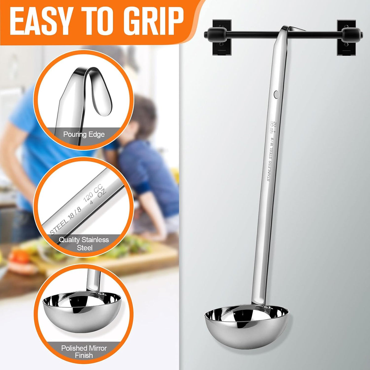 Stainless Steel Ladle Soup Handle Ladle with Pouring Rim for Kitchen Cooking Soup Sauce