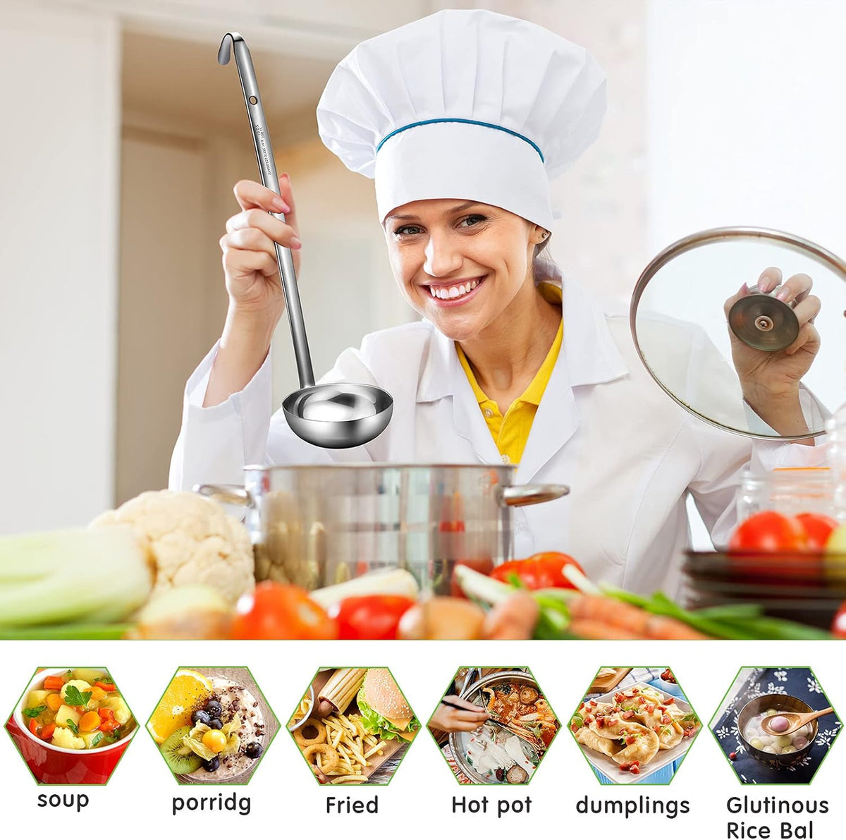 Stainless Steel Ladle Soup Handle Ladle with Pouring Rim for Kitchen Cooking Soup Sauce
