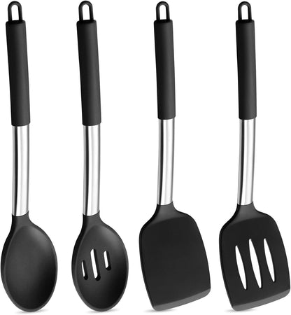 Black Kitchen Cooking Utensil Set of 4, Slicone Head & Steel Body | Silicone Solid Spatulas Slotted Spoons Turners for Non-stick Cookware Flipping Mixing, Heat-proof