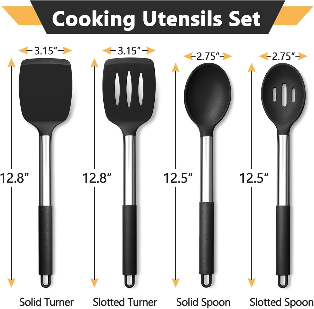 Black Kitchen Cooking Utensil Set of 4, Slicone Head & Steel Body | Silicone Solid Spatulas Slotted Spoons Turners for Non-stick Cookware Flipping Mixing, Heat-proof