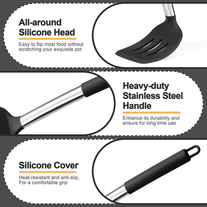 Black Kitchen Cooking Utensil Set of 4, Slicone Head & Steel Body | Silicone Solid Spatulas Slotted Spoons Turners for Non-stick Cookware Flipping Mixing, Heat-proof