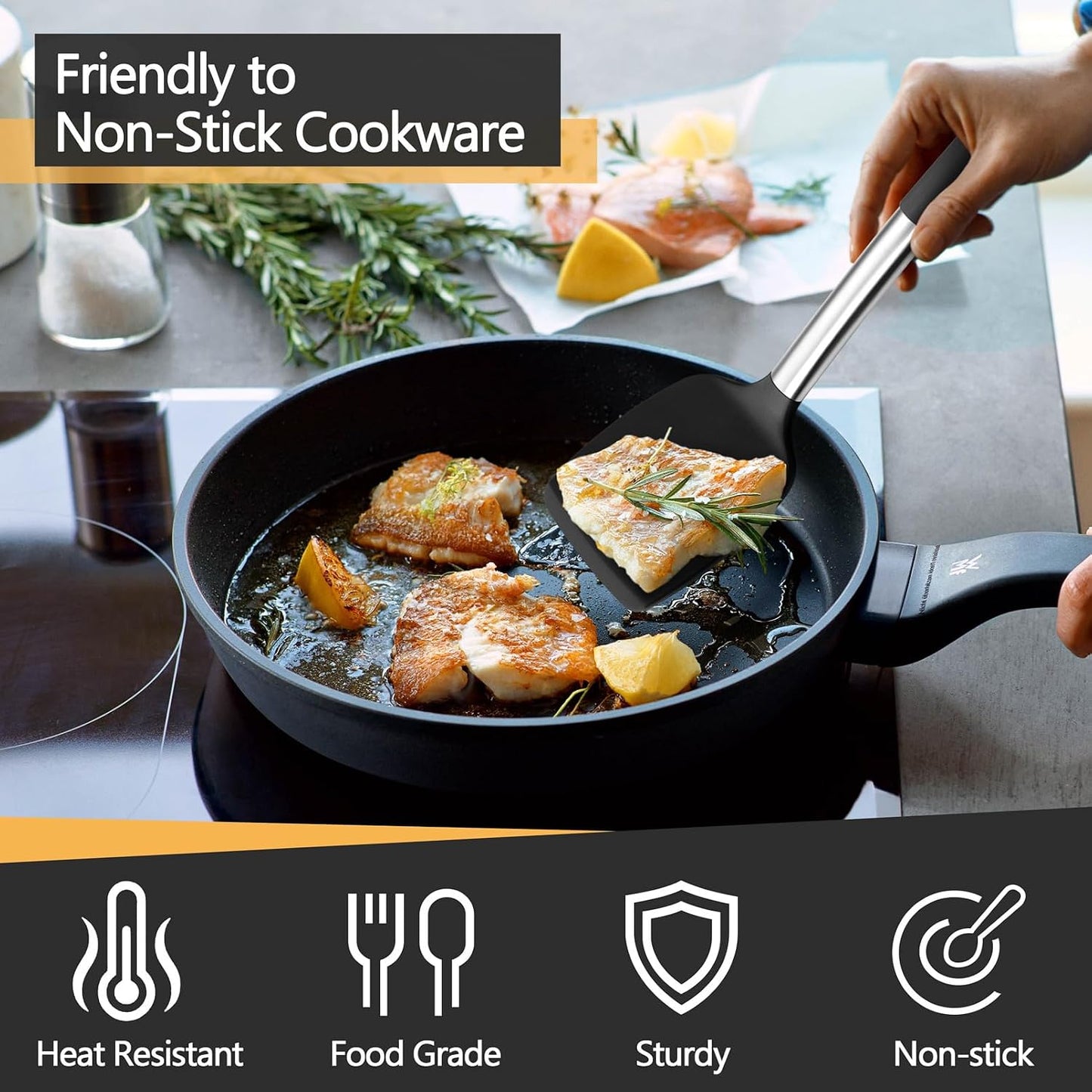 Black Kitchen Cooking Utensil Set of 4, Slicone Head & Steel Body | Silicone Solid Spatulas Slotted Spoons Turners for Non-stick Cookware Flipping Mixing, Heat-proof