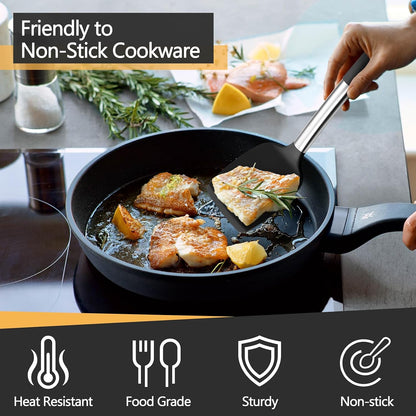 Black Kitchen Cooking Utensil Set of 4, Slicone Head & Steel Body | Silicone Solid Spatulas Slotted Spoons Turners for Non-stick Cookware Flipping Mixing, Heat-proof