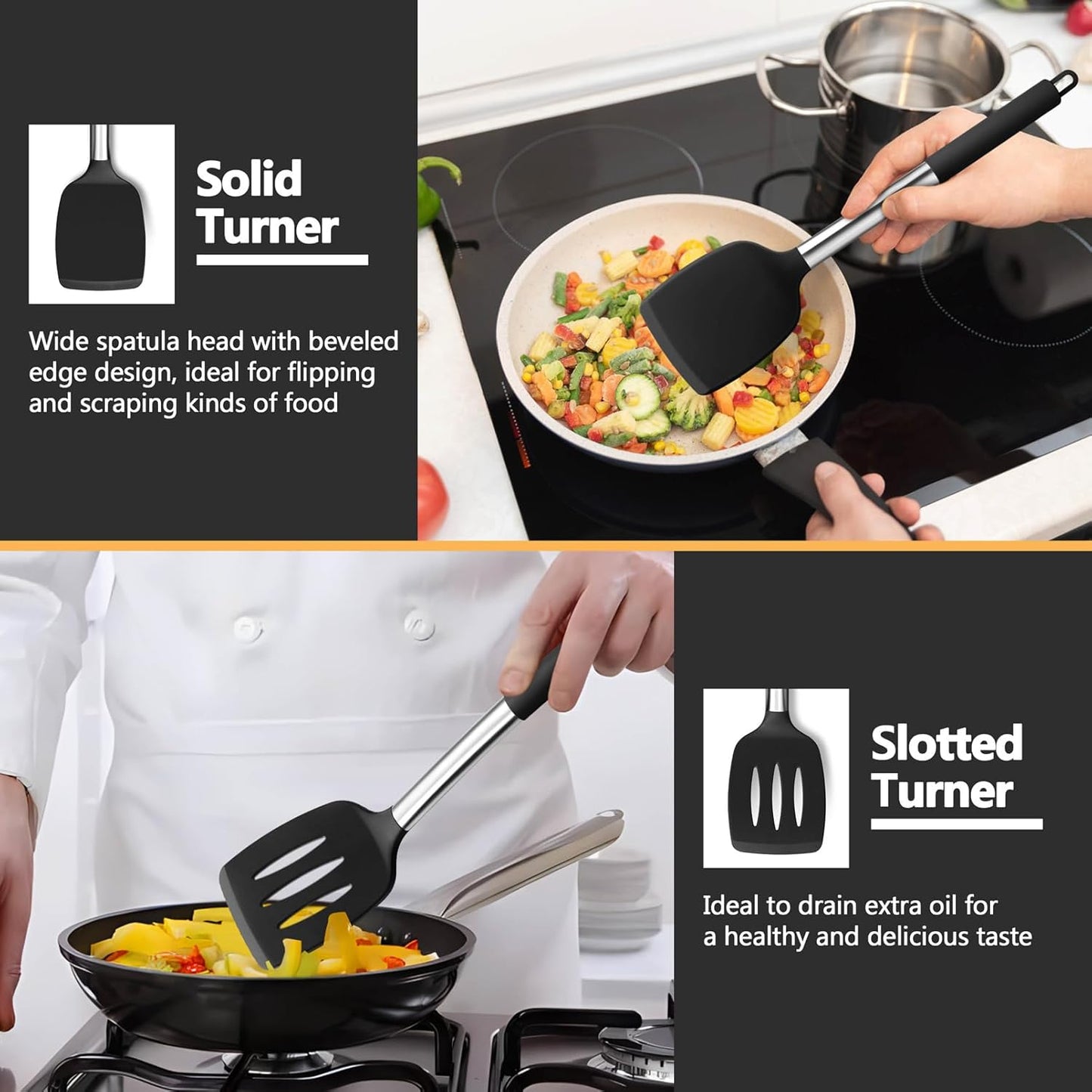 Black Kitchen Cooking Utensil Set of 4, Slicone Head & Steel Body | Silicone Solid Spatulas Slotted Spoons Turners for Non-stick Cookware Flipping Mixing, Heat-proof