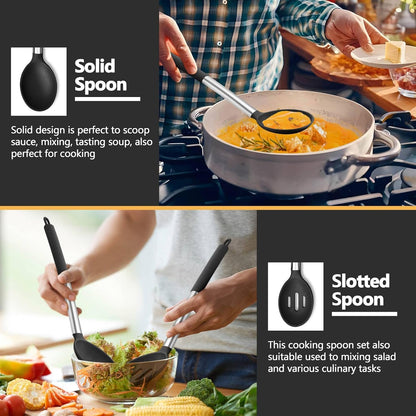Black Kitchen Cooking Utensil Set of 4, Slicone Head & Steel Body | Silicone Solid Spatulas Slotted Spoons Turners for Non-stick Cookware Flipping Mixing, Heat-proof
