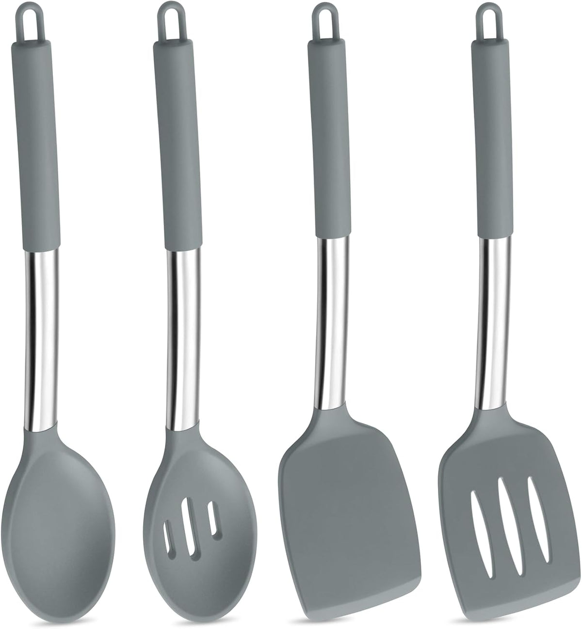 Black Kitchen Cooking Utensil Set of 4, Slicone Head & Steel Body | Silicone Solid Spatulas Slotted Spoons Turners for Non-stick Cookware Flipping Mixing, Heat-proof