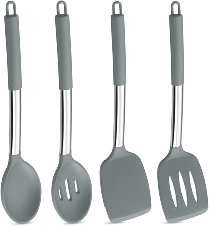 Black Kitchen Cooking Utensil Set of 4, Slicone Head & Steel Body | Silicone Solid Spatulas Slotted Spoons Turners for Non-stick Cookware Flipping Mixing, Heat-proof