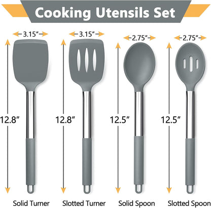 Black Kitchen Cooking Utensil Set of 4, Slicone Head & Steel Body | Silicone Solid Spatulas Slotted Spoons Turners for Non-stick Cookware Flipping Mixing, Heat-proof