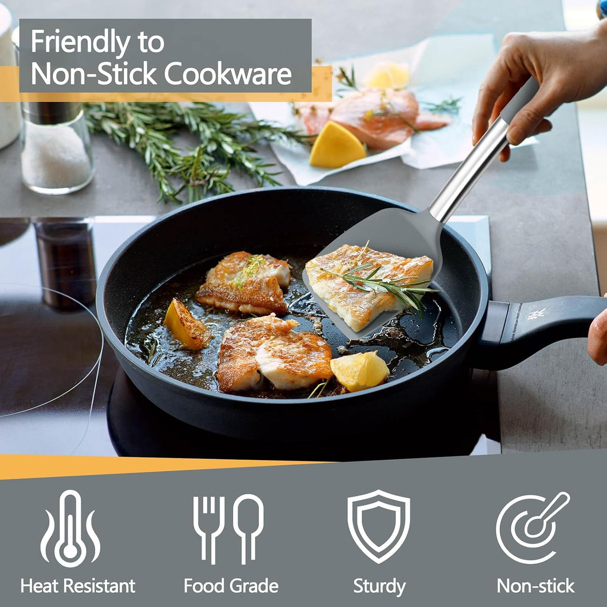 Black Kitchen Cooking Utensil Set of 4, Slicone Head & Steel Body | Silicone Solid Spatulas Slotted Spoons Turners for Non-stick Cookware Flipping Mixing, Heat-proof