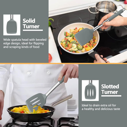 Black Kitchen Cooking Utensil Set of 4, Slicone Head & Steel Body | Silicone Solid Spatulas Slotted Spoons Turners for Non-stick Cookware Flipping Mixing, Heat-proof