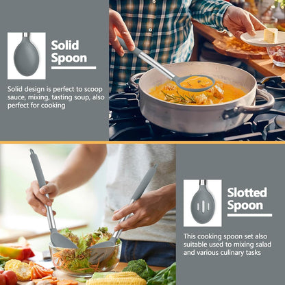 Black Kitchen Cooking Utensil Set of 4, Slicone Head & Steel Body | Silicone Solid Spatulas Slotted Spoons Turners for Non-stick Cookware Flipping Mixing, Heat-proof