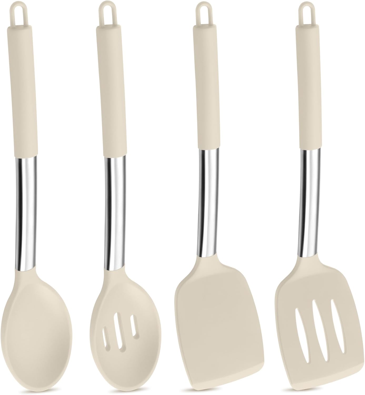 Black Kitchen Cooking Utensil Set of 4, Slicone Head & Steel Body | Silicone Solid Spatulas Slotted Spoons Turners for Non-stick Cookware Flipping Mixing, Heat-proof