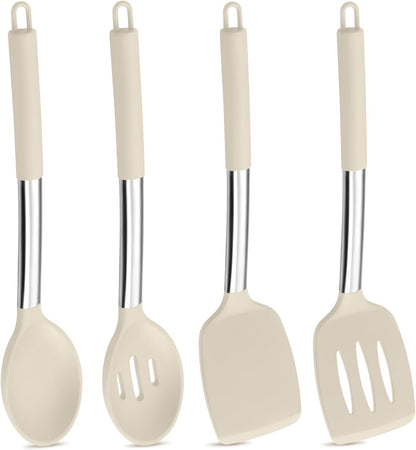 Black Kitchen Cooking Utensil Set of 4, Slicone Head & Steel Body | Silicone Solid Spatulas Slotted Spoons Turners for Non-stick Cookware Flipping Mixing, Heat-proof