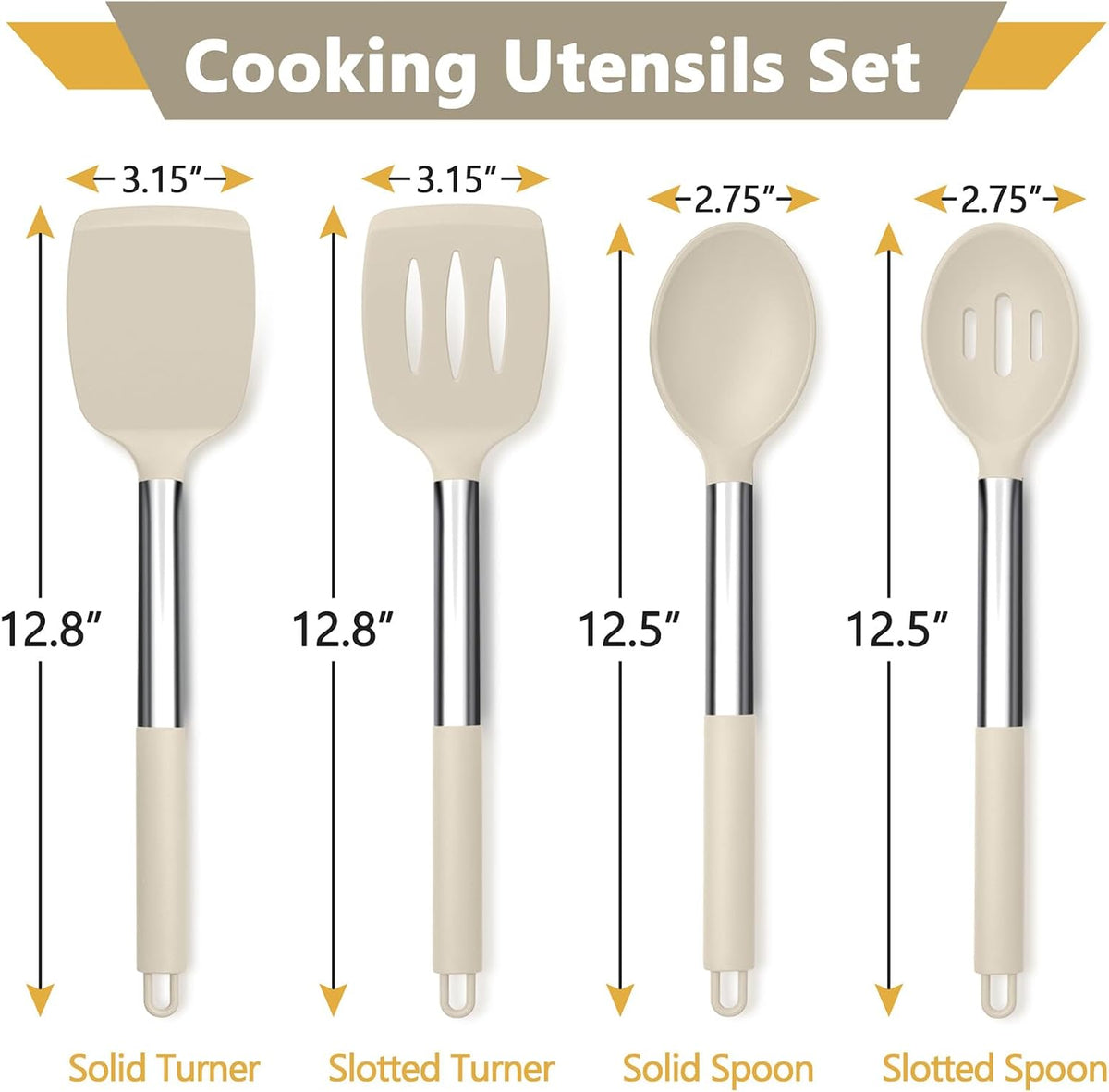 Black Kitchen Cooking Utensil Set of 4, Slicone Head & Steel Body | Silicone Solid Spatulas Slotted Spoons Turners for Non-stick Cookware Flipping Mixing, Heat-proof