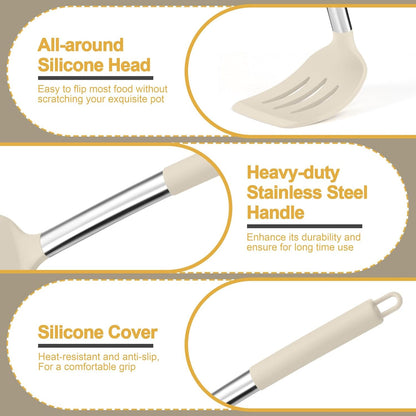 Black Kitchen Cooking Utensil Set of 4, Slicone Head & Steel Body | Silicone Solid Spatulas Slotted Spoons Turners for Non-stick Cookware Flipping Mixing, Heat-proof