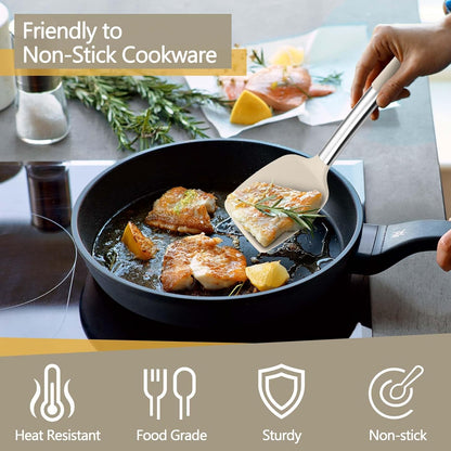 Black Kitchen Cooking Utensil Set of 4, Slicone Head & Steel Body | Silicone Solid Spatulas Slotted Spoons Turners for Non-stick Cookware Flipping Mixing, Heat-proof