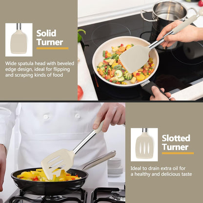 Black Kitchen Cooking Utensil Set of 4, Slicone Head & Steel Body | Silicone Solid Spatulas Slotted Spoons Turners for Non-stick Cookware Flipping Mixing, Heat-proof