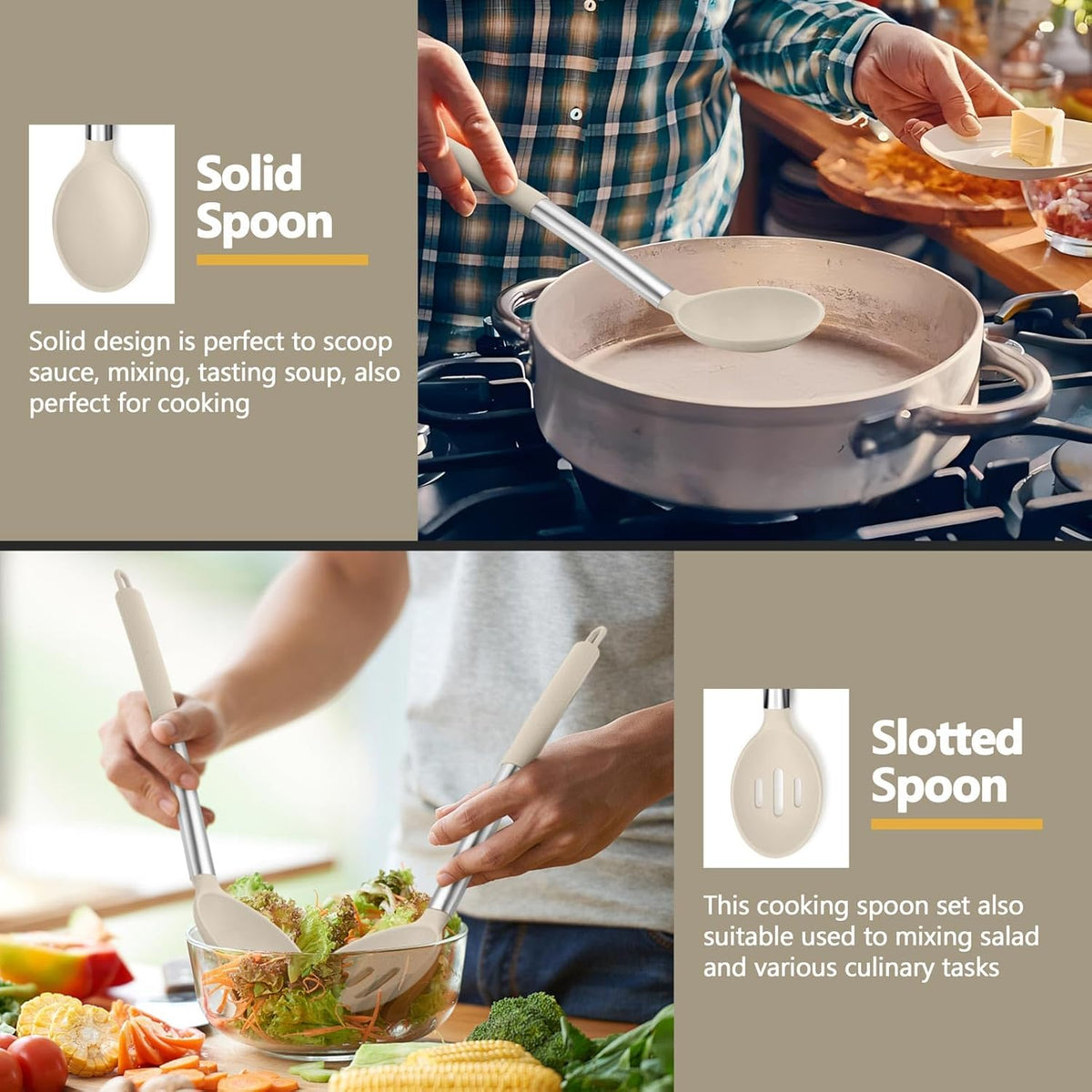 Black Kitchen Cooking Utensil Set of 4, Slicone Head & Steel Body | Silicone Solid Spatulas Slotted Spoons Turners for Non-stick Cookware Flipping Mixing, Heat-proof