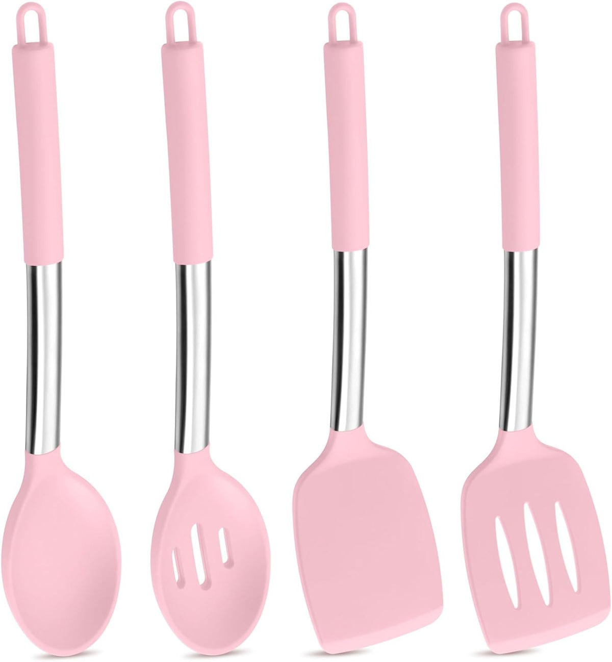 Black Kitchen Cooking Utensil Set of 4, Slicone Head & Steel Body | Silicone Solid Spatulas Slotted Spoons Turners for Non-stick Cookware Flipping Mixing, Heat-proof