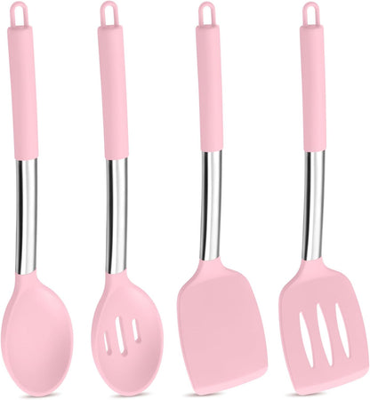 Black Kitchen Cooking Utensil Set of 4, Slicone Head & Steel Body | Silicone Solid Spatulas Slotted Spoons Turners for Non-stick Cookware Flipping Mixing, Heat-proof