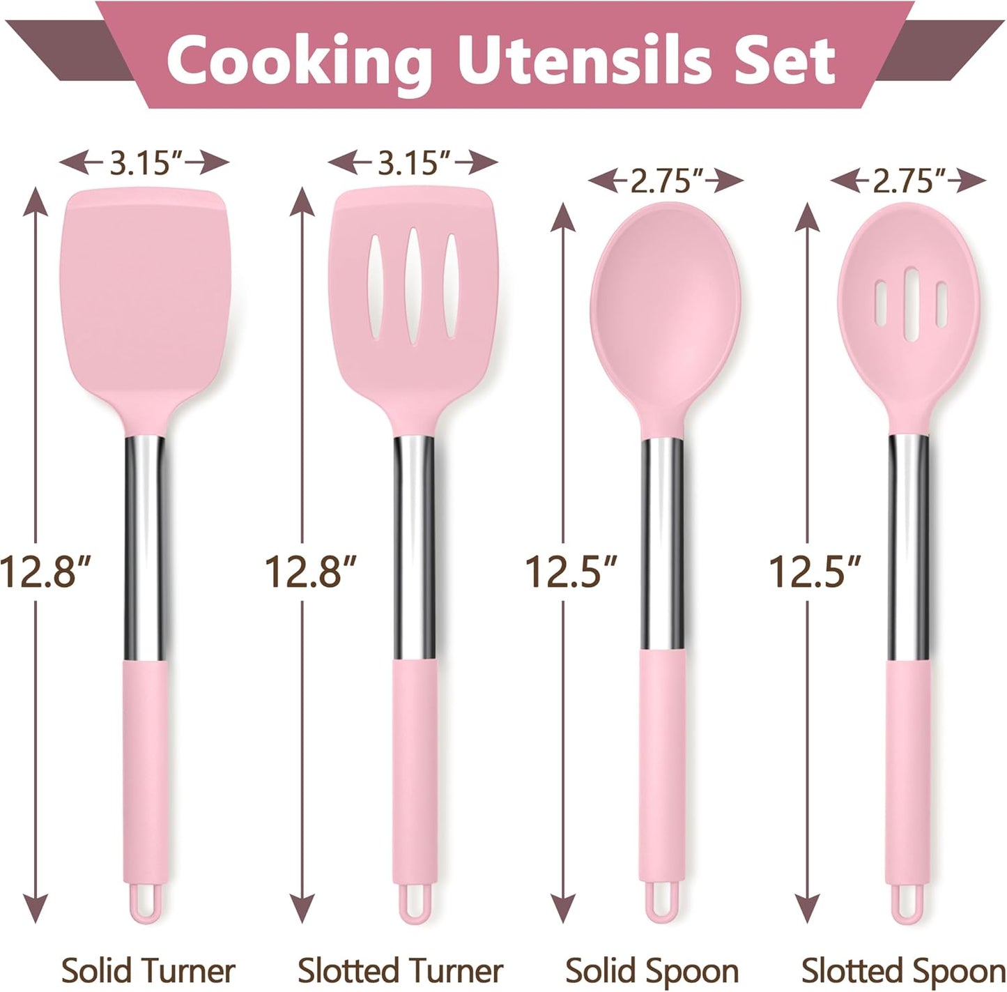 Black Kitchen Cooking Utensil Set of 4, Slicone Head & Steel Body | Silicone Solid Spatulas Slotted Spoons Turners for Non-stick Cookware Flipping Mixing, Heat-proof