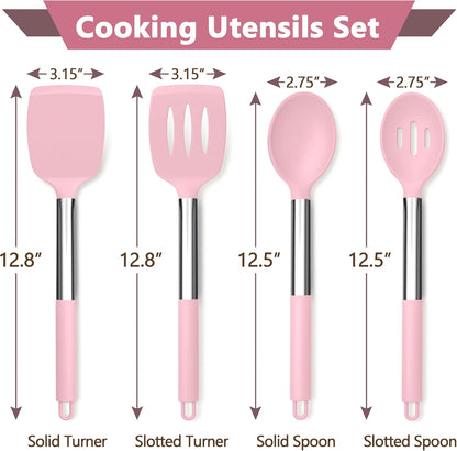 Black Kitchen Cooking Utensil Set of 4, Slicone Head & Steel Body | Silicone Solid Spatulas Slotted Spoons Turners for Non-stick Cookware Flipping Mixing, Heat-proof