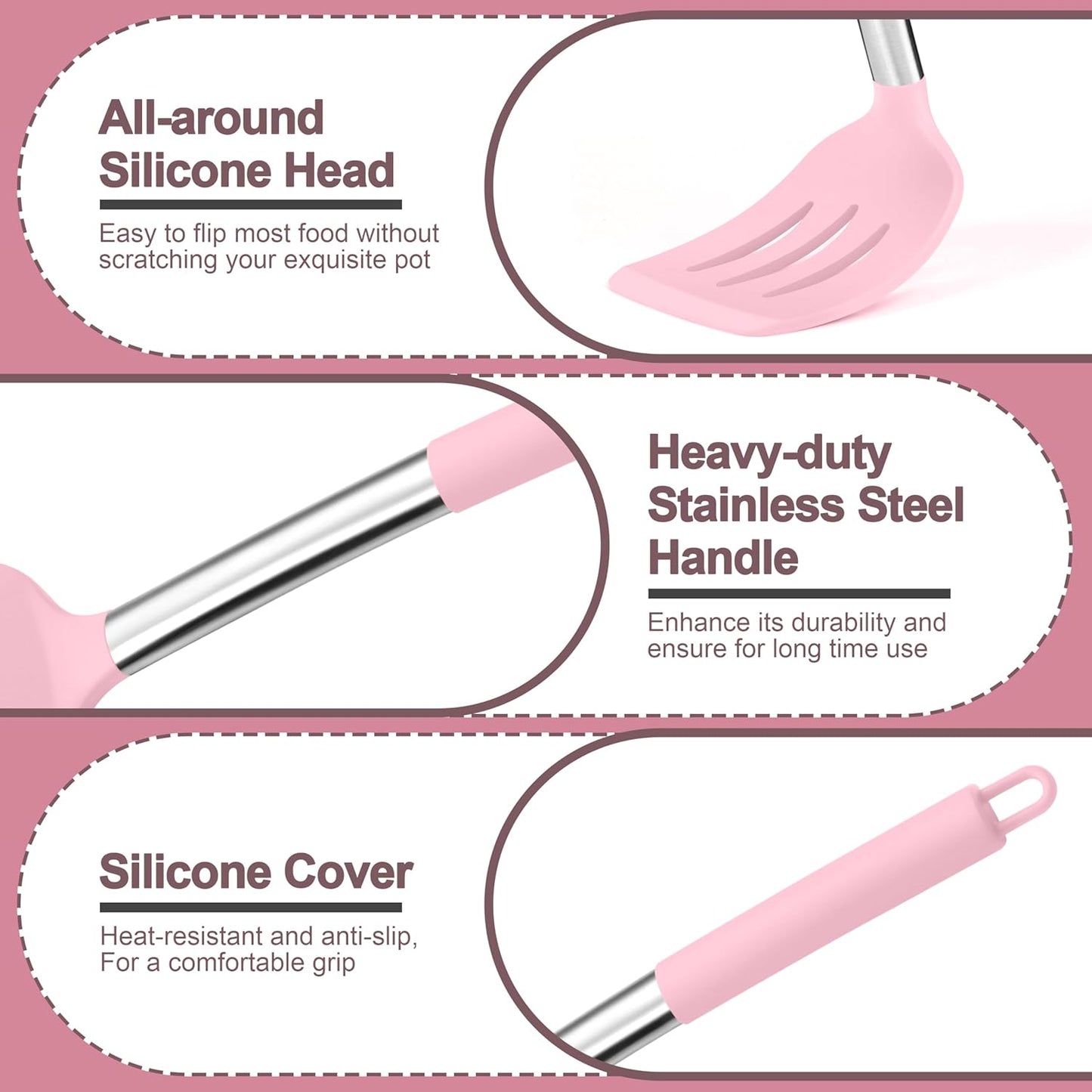 Black Kitchen Cooking Utensil Set of 4, Slicone Head & Steel Body | Silicone Solid Spatulas Slotted Spoons Turners for Non-stick Cookware Flipping Mixing, Heat-proof