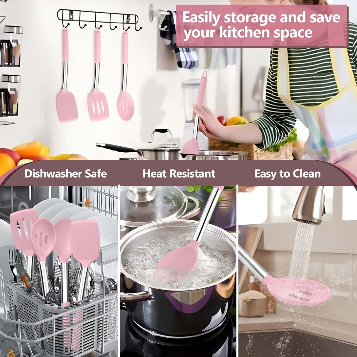 Black Kitchen Cooking Utensil Set of 4, Slicone Head & Steel Body | Silicone Solid Spatulas Slotted Spoons Turners for Non-stick Cookware Flipping Mixing, Heat-proof