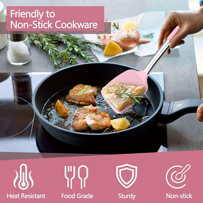 Black Kitchen Cooking Utensil Set of 4, Slicone Head & Steel Body | Silicone Solid Spatulas Slotted Spoons Turners for Non-stick Cookware Flipping Mixing, Heat-proof