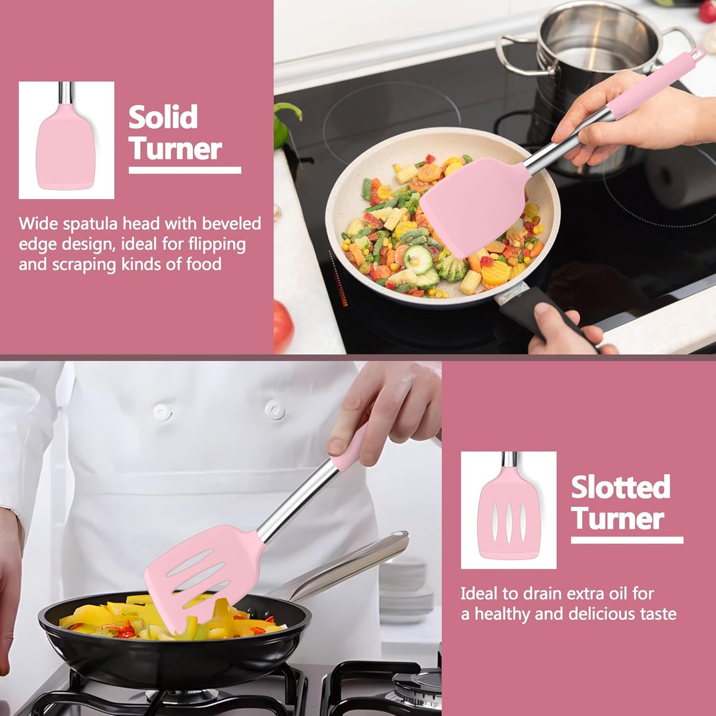 Black Kitchen Cooking Utensil Set of 4, Slicone Head & Steel Body | Silicone Solid Spatulas Slotted Spoons Turners for Non-stick Cookware Flipping Mixing, Heat-proof