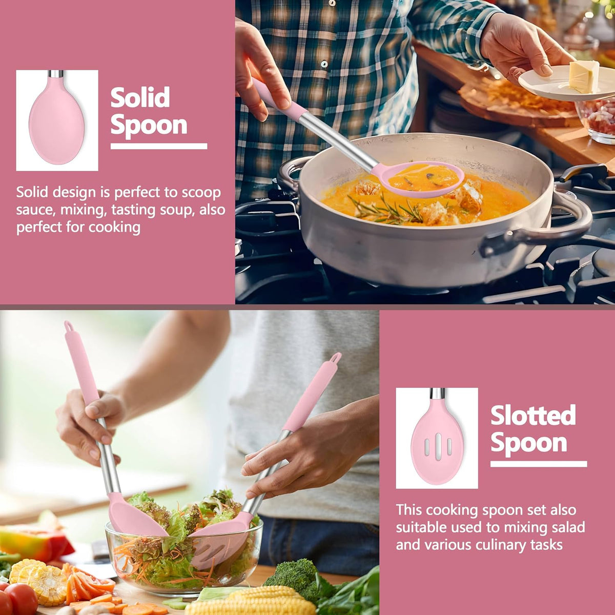 Black Kitchen Cooking Utensil Set of 4, Slicone Head & Steel Body | Silicone Solid Spatulas Slotted Spoons Turners for Non-stick Cookware Flipping Mixing, Heat-proof