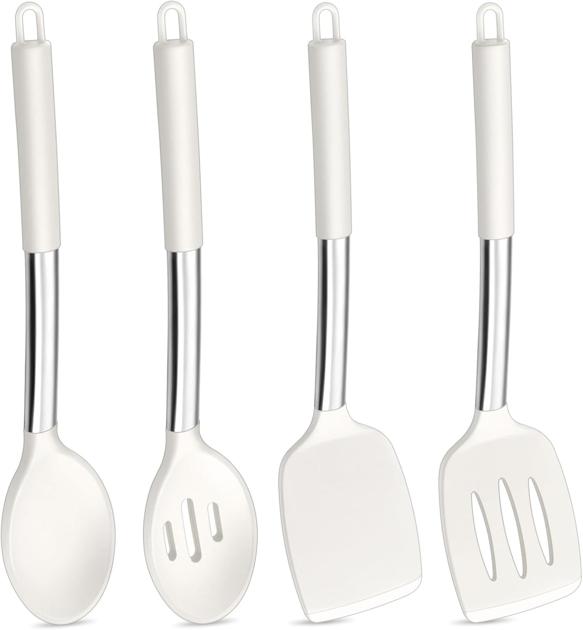 Black Kitchen Cooking Utensil Set of 4, Slicone Head & Steel Body | Silicone Solid Spatulas Slotted Spoons Turners for Non-stick Cookware Flipping Mixing, Heat-proof