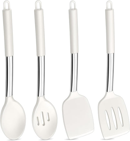 Black Kitchen Cooking Utensil Set of 4, Slicone Head & Steel Body | Silicone Solid Spatulas Slotted Spoons Turners for Non-stick Cookware Flipping Mixing, Heat-proof