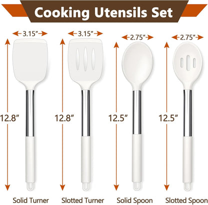 Black Kitchen Cooking Utensil Set of 4, Slicone Head & Steel Body | Silicone Solid Spatulas Slotted Spoons Turners for Non-stick Cookware Flipping Mixing, Heat-proof