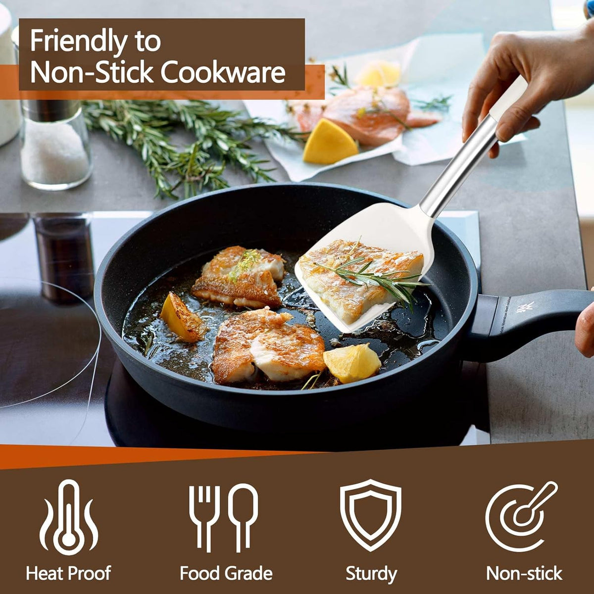 Black Kitchen Cooking Utensil Set of 4, Slicone Head & Steel Body | Silicone Solid Spatulas Slotted Spoons Turners for Non-stick Cookware Flipping Mixing, Heat-proof